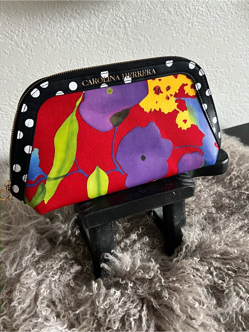 Carolina Herrera Red Floral Zip cosmetic Pouch